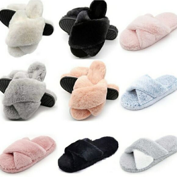 Pink Cross Band Fuzzy Faux Fur Slippers Size S - Picture 3 of 7
